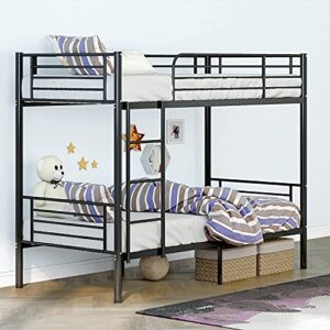 metal bunk bed twin over twin, heavy duty bed frames with safety guard rails, metal slats for kids, teens, adults, no box spring needed black