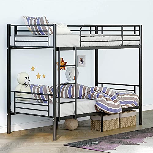 Metal Bunk Bed Twin Over Twin, Heavy Duty Bed Frames with Safety Guard Rails, Metal Slats for Kids, Teens, Adults, No Box Spring Needed Black