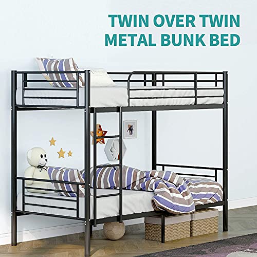 Metal Bunk Bed Twin Over Twin, Heavy Duty Bed Frames with Safety Guard Rails, Metal Slats for Kids, Teens, Adults, No Box Spring Needed Black