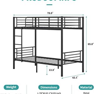 Metal Bunk Bed Twin Over Twin, Heavy Duty Bed Frames with Safety Guard Rails, Metal Slats for Kids, Teens, Adults, No Box Spring Needed Black