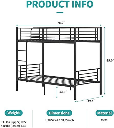 Metal Bunk Bed Twin Over Twin, Heavy Duty Bed Frames with Safety Guard Rails, Metal Slats for Kids, Teens, Adults, No Box Spring Needed Black