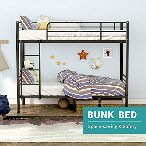 Metal Bunk Bed Twin Over Twin, Heavy Duty Bed Frames with Safety Guard Rails, Metal Slats for Kids, Teens, Adults, No Box Spring Needed Black