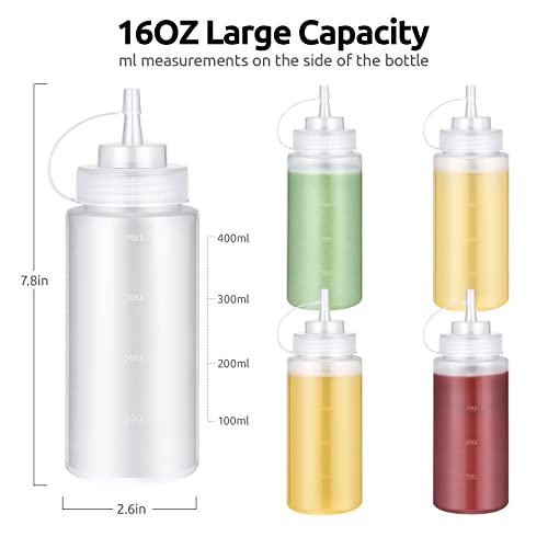 U-Taste 16 OZ Condiment Squeeze Bottles with Twist on Caps and Measurement, Leak Proof Squirt Reusable Plastic Sauces Oil Container Dispenser for Ketchup, BBQ, Grilling, Salad Dressing (Pack of 6)