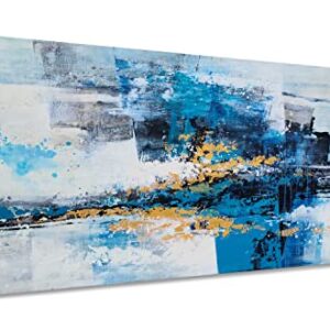 YHSKY ARTS Hand Crafted Abstract Canvas Wall Art - Modern Blue and Gold Oil Paintings - Contemporary Large Pictures for Living Room Bedroom Dinning Decor