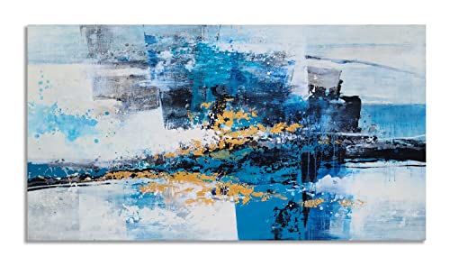 YHSKY ARTS Hand Crafted Abstract Canvas Wall Art - Modern Blue and Gold Oil Paintings - Contemporary Large Pictures for Living Room Bedroom Dinning Decor