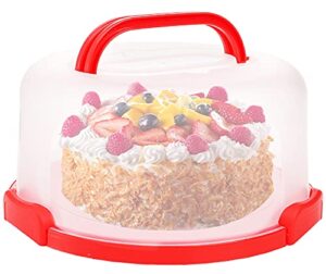 yesland cake carrier with collapsible handle - plastic red cake container and holder with lid - portable round cake cover for 10 inch cake, pies, cookies, nuts, muffins and fruit