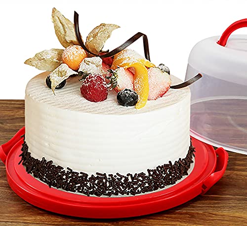 Yesland Cake Carrier with Collapsible Handle - Plastic Red Cake Container and Holder with Lid - Portable Round Cake Cover for 10 inch Cake, Pies, Cookies, Nuts, Muffins and Fruit