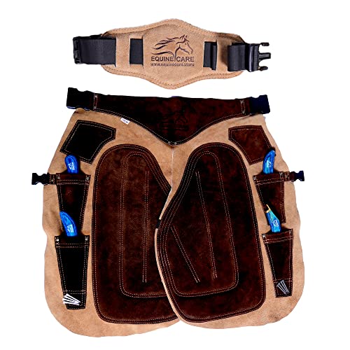 Equine Care Farrier Chaps 4 Knife Pockets & Nail Magnet Cow Hide Suede Leather Horse Shoeing Apron (27 Inch-70 CM)