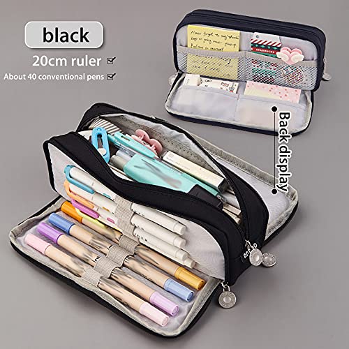 Loosebee Large Pencil Case Big Capacity Pencil Bag Large Storage Pouch 3 Compartments Pen Pencil Case Simple Stationery Bag Teens Girls Adults Student Pencil Holder, Black, One Size