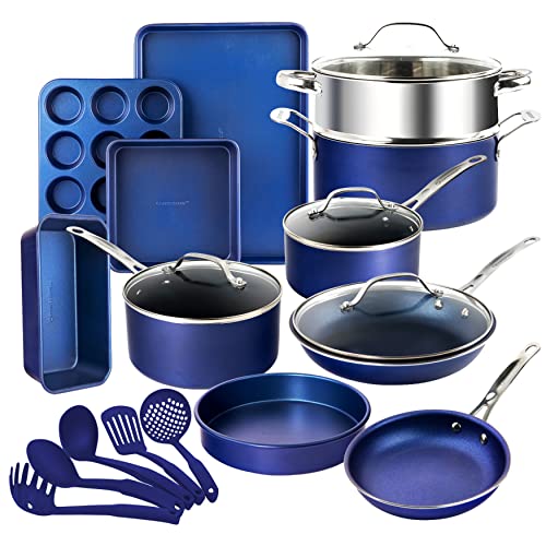 Granitestone 20 Piece Cookware Set Nonstick Pots and Pans Set Bakeware Set with Ultra Nonstick Durable Mineral & Diamond Coating 100% PFOA PFAS Free Cookware, Metal Utensil Oven & Dishwasher Safe-Blue