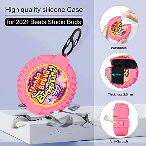 AIBEAMER Cute Cover for Beats Studio Buds 2021 Case, 3D Cartoon Kawaii Silicone Protective Skin for 2021 Beats Studio Buds Case with Keychain for Girls Boys Kids Women Men (Bubble Gum)