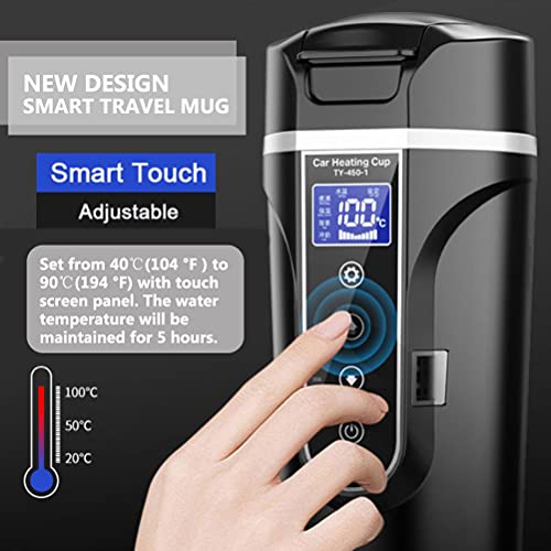 Soniker 12V/24V Smart Temperature Control Travel Coffee Mug, Portable Car Heated Coffee Travel Mug with Lid, 304 Stainless Steel, 450ML Large Volume Heating Car Cup for Coffee Tea(Black)