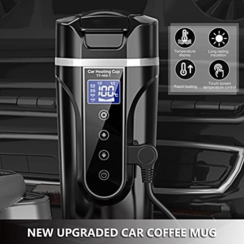 Soniker 12V/24V Smart Temperature Control Travel Coffee Mug, Portable Car Heated Coffee Travel Mug with Lid, 304 Stainless Steel, 450ML Large Volume Heating Car Cup for Coffee Tea(Black)