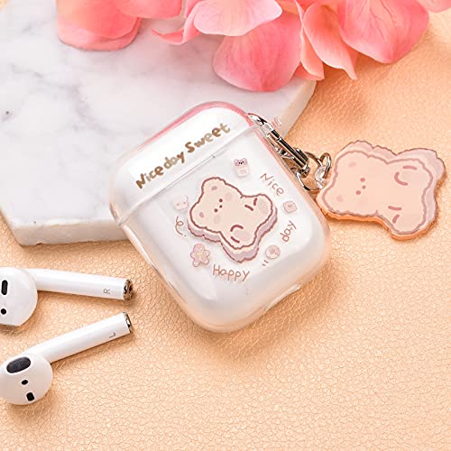 Clear AirPods Case with Bear Keychain Cute Cartoon Bear Design Full Protective Silicone Cover Compatiable with AirPod 2&1 Case for Kids and Womens (Brown)