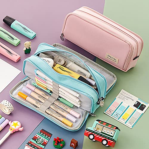 Loosebee Large Pencil Case Big Capacity Pencil Bag Large Storage Pouch 3 Compartments Pen Pencil Case Simple Stationery Bag Teens Girls Adults Student Pencil Holder,Green,One Size