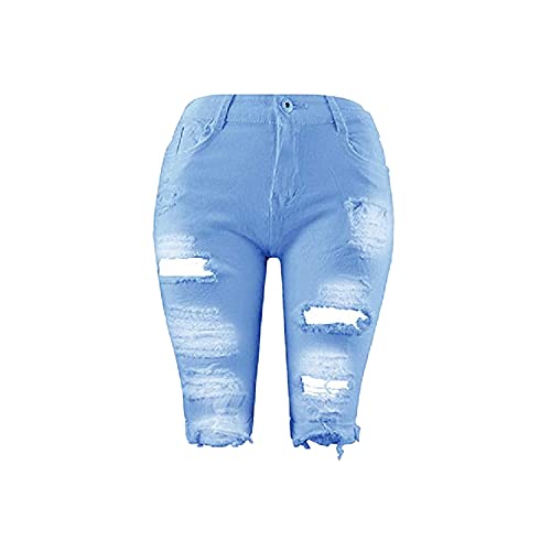 Women's High Waist Denim Short Pants Knee Lenght Short Ripped Jeans Plus Size Destroyed Hole Jean Bermuda Shorts (Light Blue,XX-Large)