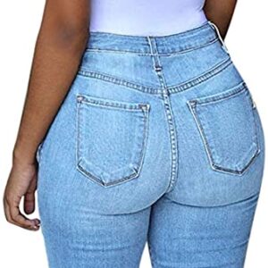 Women's High Waist Denim Short Pants Knee Lenght Short Ripped Jeans Plus Size Destroyed Hole Jean Bermuda Shorts (Light Blue,XX-Large)