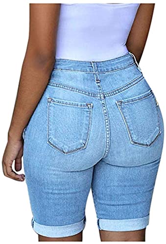 Women's High Waist Denim Short Pants Knee Lenght Short Ripped Jeans Plus Size Destroyed Hole Jean Bermuda Shorts (Light Blue,XX-Large)