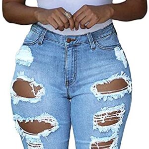 Women's High Waist Denim Short Pants Knee Lenght Short Ripped Jeans Plus Size Destroyed Hole Jean Bermuda Shorts (Light Blue,XX-Large)