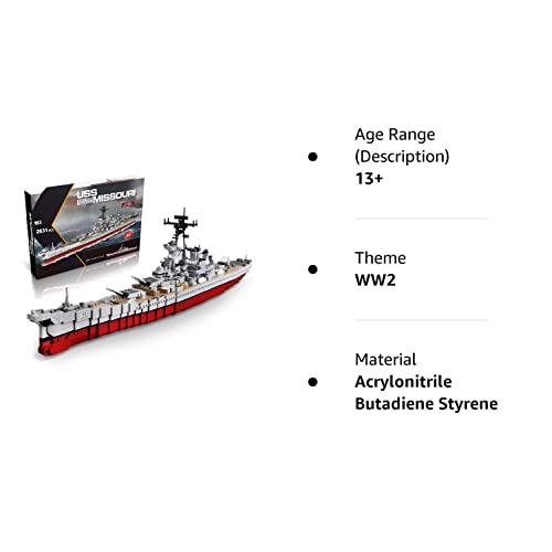 QXB WW2 USS Missouri BB-63 Battleship Model (33 inches 2631 Pieces) Navy World War II Expert Ship Building Blocks Compatible with Lego for Adults