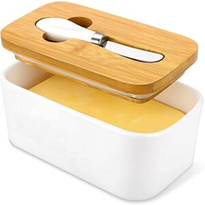 butter dish with lids - oamceg porcelain ceramic butter container, large butter keeper with wooden lid and steel knife, airtight butter storage container with cover holds up to 2 sticks of butter