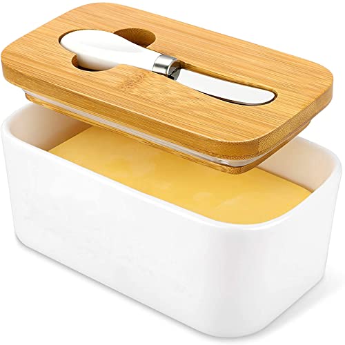 Butter Dish with Lids - OAMCEG Porcelain Ceramic Butter Container, Large Butter Keeper with Wooden Lid and Steel Knife, Airtight Butter Storage Container with Cover Holds Up to 2 Sticks of Butter