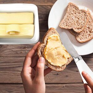 Butter Dish with Lids - OAMCEG Porcelain Ceramic Butter Container, Large Butter Keeper with Wooden Lid and Steel Knife, Airtight Butter Storage Container with Cover Holds Up to 2 Sticks of Butter