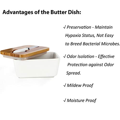 Butter Dish with Lids - OAMCEG Porcelain Ceramic Butter Container, Large Butter Keeper with Wooden Lid and Steel Knife, Airtight Butter Storage Container with Cover Holds Up to 2 Sticks of Butter