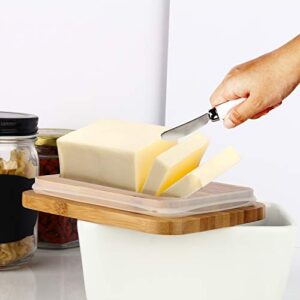 Butter Dish with Lids - OAMCEG Porcelain Ceramic Butter Container, Large Butter Keeper with Wooden Lid and Steel Knife, Airtight Butter Storage Container with Cover Holds Up to 2 Sticks of Butter