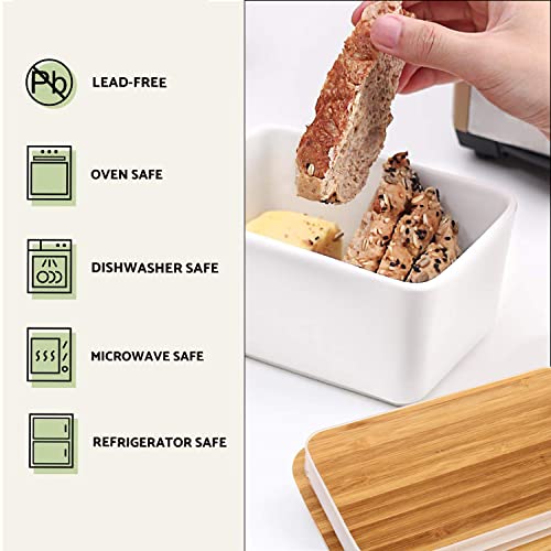 Butter Dish with Lids - OAMCEG Porcelain Ceramic Butter Container, Large Butter Keeper with Wooden Lid and Steel Knife, Airtight Butter Storage Container with Cover Holds Up to 2 Sticks of Butter