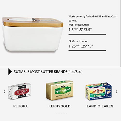 Butter Dish with Lids - OAMCEG Porcelain Ceramic Butter Container, Large Butter Keeper with Wooden Lid and Steel Knife, Airtight Butter Storage Container with Cover Holds Up to 2 Sticks of Butter