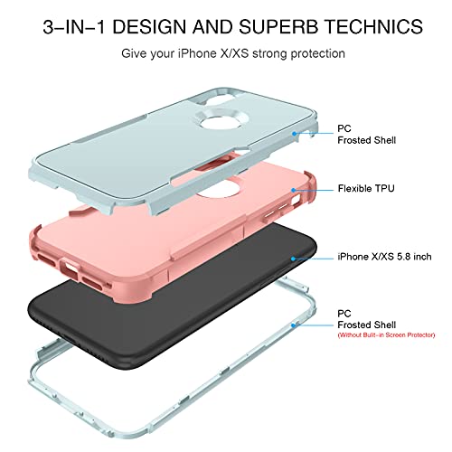 BENTOBEN iPhone X Case, iPhone Xs Case, 3 in 1 Heavy Duty Rugged Hybrid Hard PC Soft TPU Bumper Shockproof Non-Slip Protective Cases Cover for iPhone X (2017) / iPhone Xs (2018) 5.8 Inch, Green/Pink