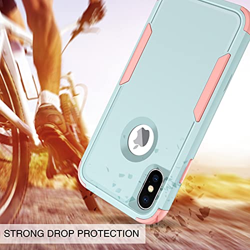 BENTOBEN iPhone X Case, iPhone Xs Case, 3 in 1 Heavy Duty Rugged Hybrid Hard PC Soft TPU Bumper Shockproof Non-Slip Protective Cases Cover for iPhone X (2017) / iPhone Xs (2018) 5.8 Inch, Green/Pink