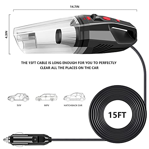 NDDI POWER Professional Car Vacuum, 8000Pa High Power Handheld Mini Portable Vacuum Cleaner, Pet Hair Cleaning, 3 Versatile Attachments, 15FT Corded, Black