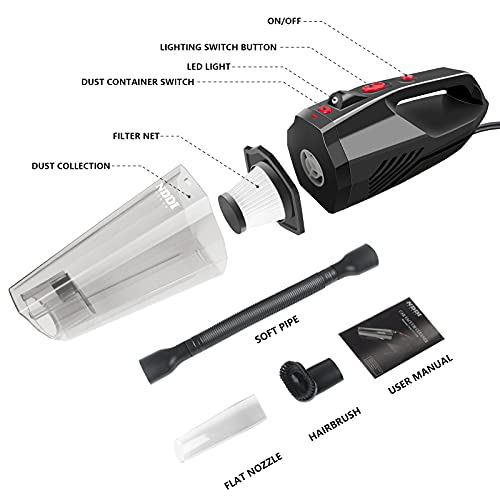 NDDI POWER Professional Car Vacuum, 8000Pa High Power Handheld Mini Portable Vacuum Cleaner, Pet Hair Cleaning, 3 Versatile Attachments, 15FT Corded, Black