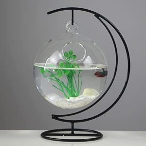 STOYRB Desktop Hanging Glass Fish Tank Mini Table Aquarium Glass Betta Fish Bowl Clear Fish Cylinder Bowl with Iron Stand for Office Home Decor, 1 Fish Bowl, Transparent