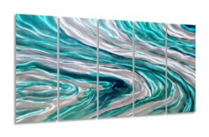 yhsky arts abstract coastal metal art wall decor, hand crafted 5 pieces teal and silver 3d sculpture, modern sea waves aluminum artwork for living room bedroom bathroom decor