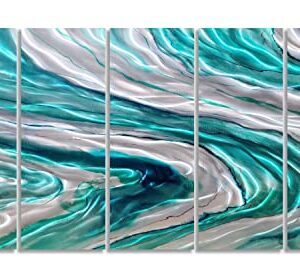 YHSKY ARTS Abstract Coastal Metal Art Wall Decor, Hand Crafted 5 Pieces Teal and Silver 3D Sculpture, Modern Sea Waves Aluminum Artwork for Living Room Bedroom Bathroom Decor