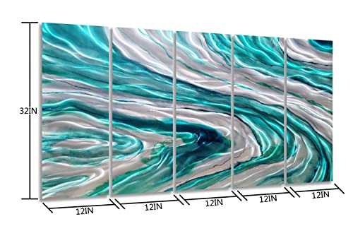 YHSKY ARTS Abstract Coastal Metal Art Wall Decor, Hand Crafted 5 Pieces Teal and Silver 3D Sculpture, Modern Sea Waves Aluminum Artwork for Living Room Bedroom Bathroom Decor