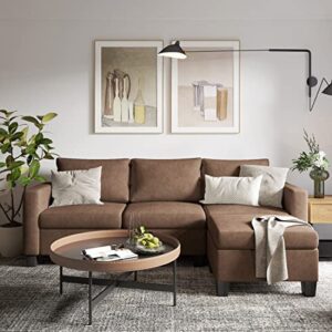 shahoo convertible sectional sofa couch l-shaped settee with soft seat, comfortable backrest and modern linen fabric for small space, living room, brown