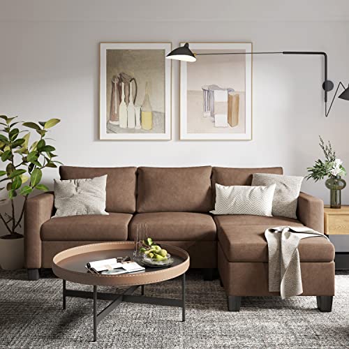 Shahoo Convertible Sectional Sofa Couch L-Shaped Settee with Soft Seat, Comfortable Backrest and Modern Linen Fabric for Small Space, Living Room, Brown