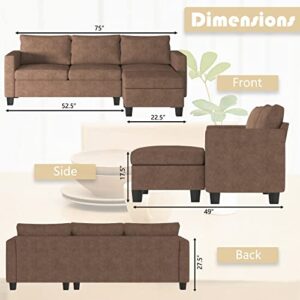 Shahoo Convertible Sectional Sofa Couch L-Shaped Settee with Soft Seat, Comfortable Backrest and Modern Linen Fabric for Small Space, Living Room, Brown