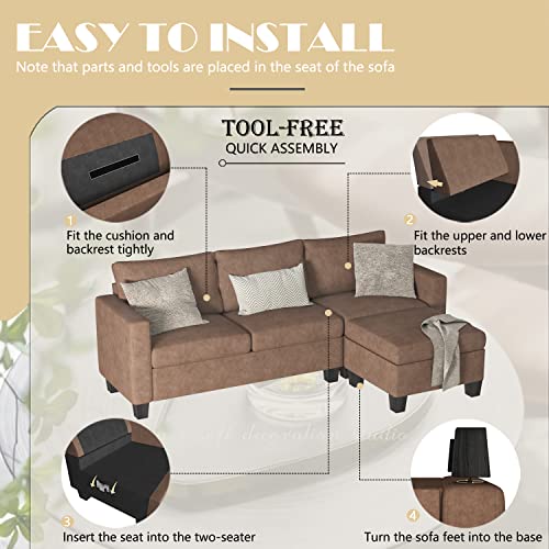 Shahoo Convertible Sectional Sofa Couch L-Shaped Settee with Soft Seat, Comfortable Backrest and Modern Linen Fabric for Small Space, Living Room, Brown