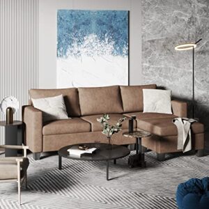 Shahoo Convertible Sectional Sofa Couch L-Shaped Settee with Soft Seat, Comfortable Backrest and Modern Linen Fabric for Small Space, Living Room, Brown