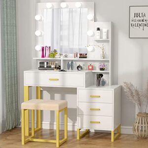 pakasept vanity set with lighted mirror, makeup vanity dressing table with led light, drawers, storage shelves and cushioned stool, small vanity desk for bedroomy,39.4"l x 15.7"w x 63"h