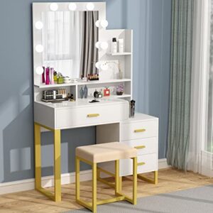 PAKASEPT Vanity Set with Lighted Mirror, Makeup Vanity Dressing Table with LED Light, Drawers, Storage Shelves and Cushioned Stool, Small Vanity Desk for Bedroomy,39.4"L x 15.7"W x 63"H