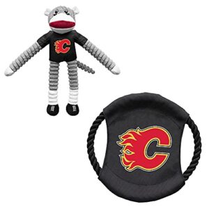littlearth unisex-adult nhl calgary flames sock monkey and flying disc pet toy combo set, team color, one size