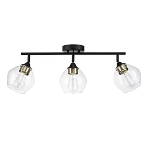 globe electric 59619 harrow 3-light track lighting, matte black, antique brass accents, clear glass shades, bulbs included