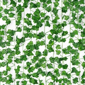 Artflower 12 Pcs 84Ft Artificial Ivy Leaf Plants Fake Ivy Leaves Garland Greenery Garland Hanging Plants Fake Vines for Room Kitchen Garden Office Wedding Wall Decor, Green