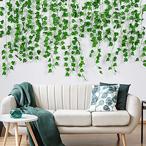 Artflower 12 Pcs 84Ft Artificial Ivy Leaf Plants Fake Ivy Leaves Garland Greenery Garland Hanging Plants Fake Vines for Room Kitchen Garden Office Wedding Wall Decor, Green